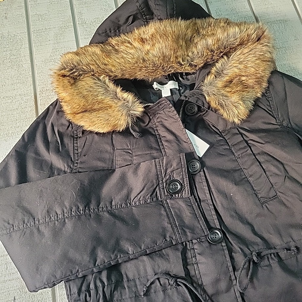 New York & Company  Hooded Jacket Women's X-Large Black Faux Fur Trim